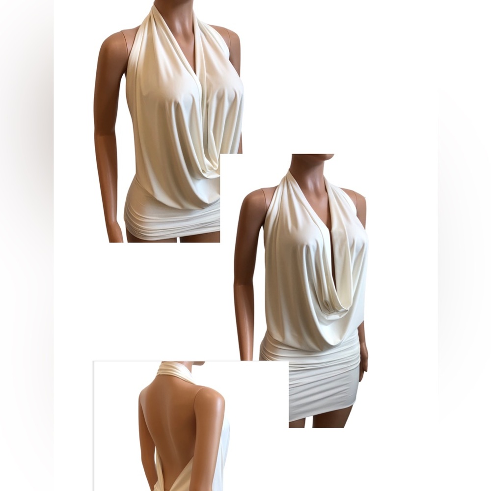 Ivory White Backless Drape Cowl Halter Sexy Top - Made-In-USA - Picture 3 of 16